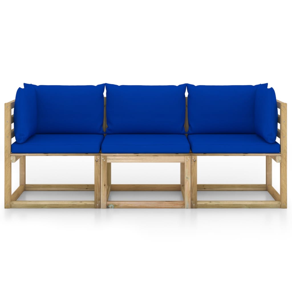 vidaXL Trivietė sodo sofa su mėlynos spalvos pagalvėlėmis