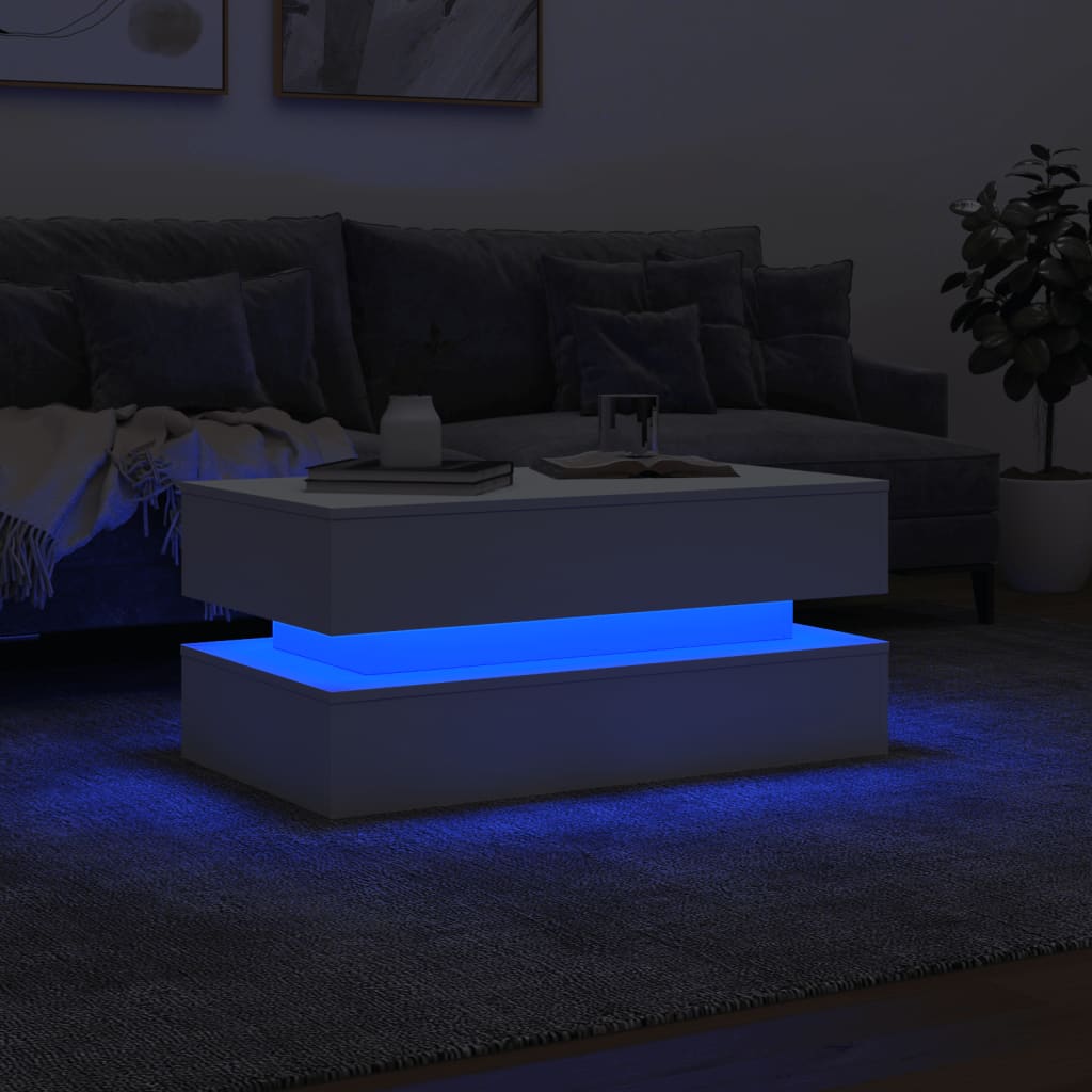 vidaXL Kavos staliukas su LED lemputėmis, baltos spalvos, 90x50x40cm