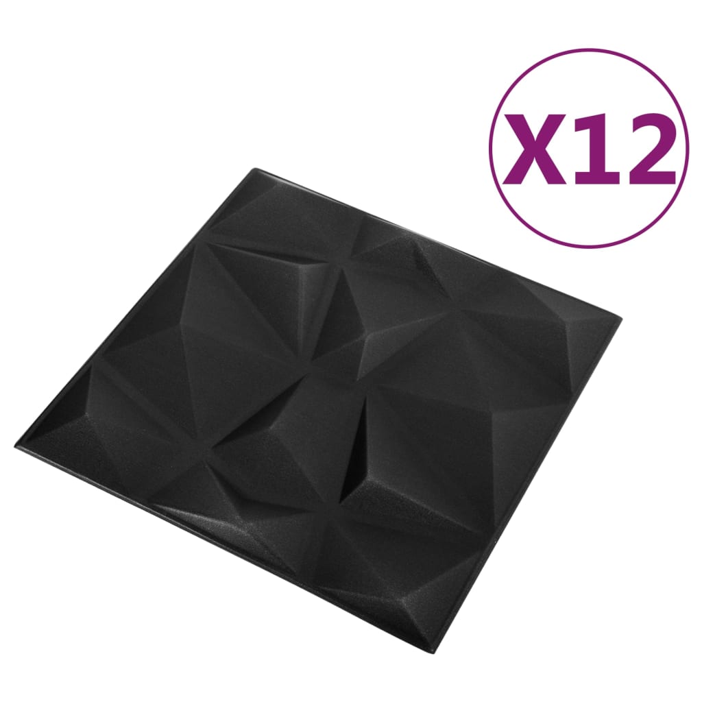 vidaXL 3D sienų plokštės, 12vnt., deimantų juodos, 50x50cm, 3m²