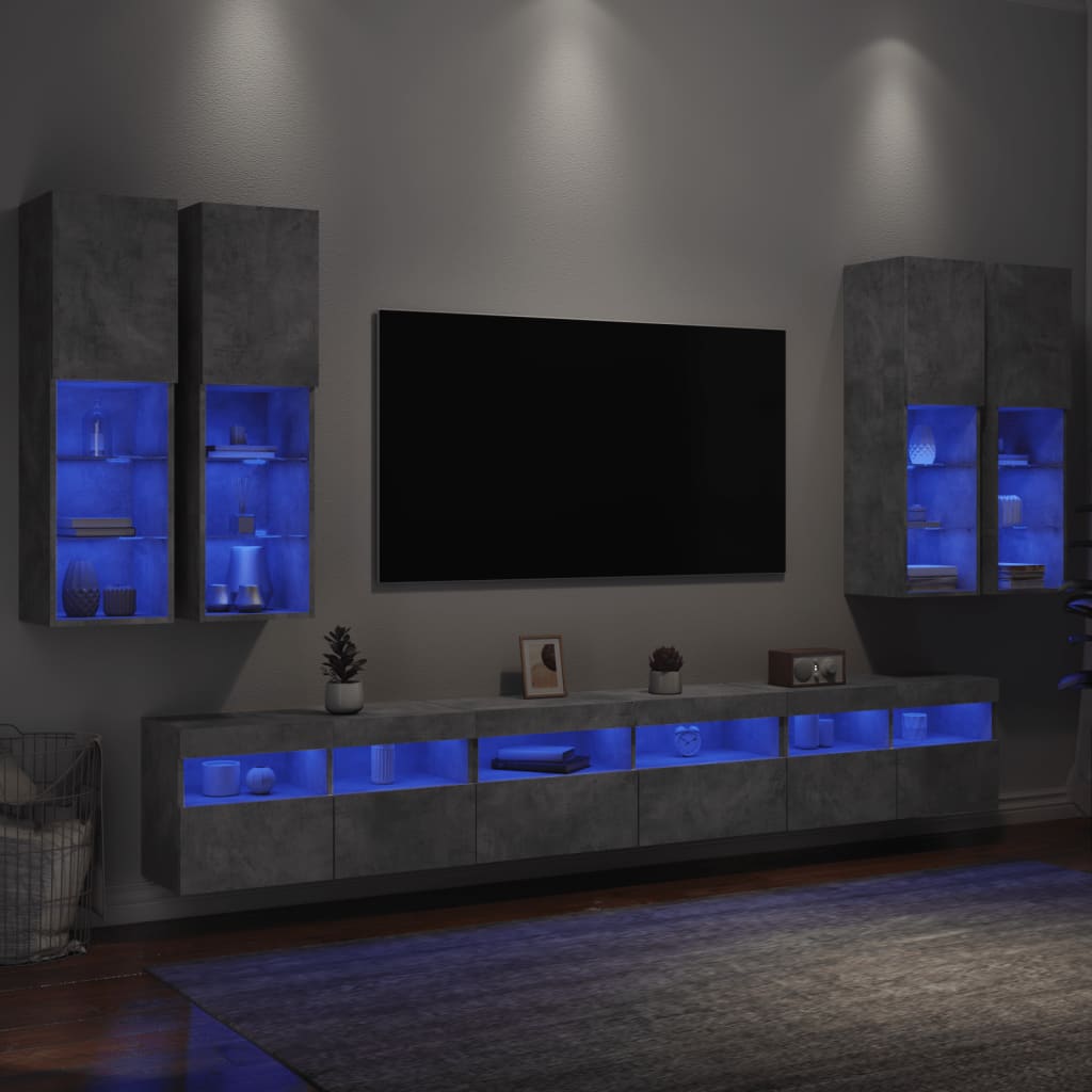 vidaXL Sieninės TV spintelės su LED lemputėmis, 7vnt., betono pilkos