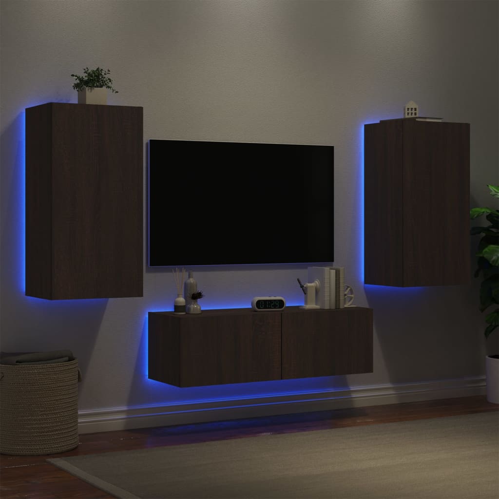 vidaXL Sieninės TV spintelės su LED lemputėmis, 3 dalių, rudos ąžuolo