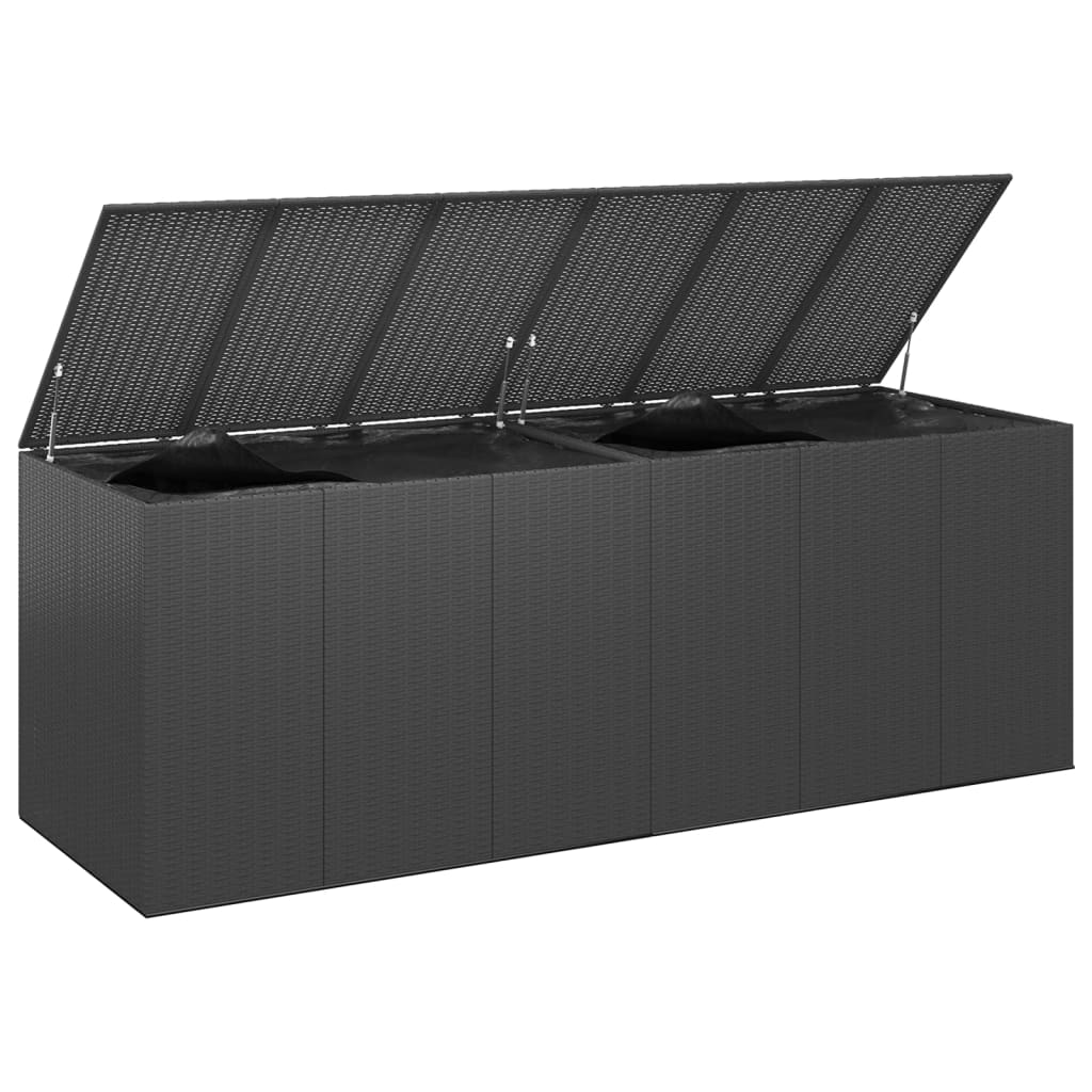 vidaXL Sodo dėžė pagalvėlėms, juoda, 291x100,5x104cm, PE ratanas