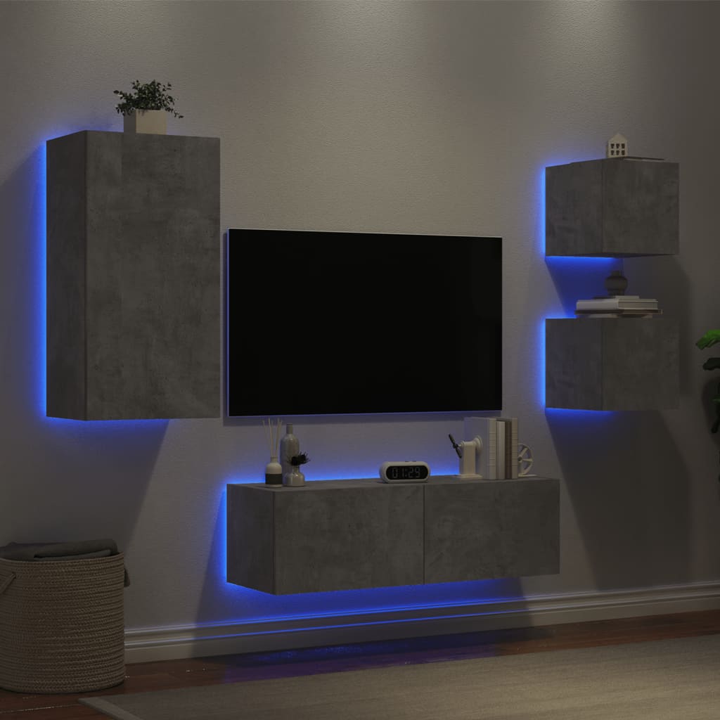 vidaXL Sieninės TV spintelės su LED lemputėmis, 4 dalių, betono pilkos