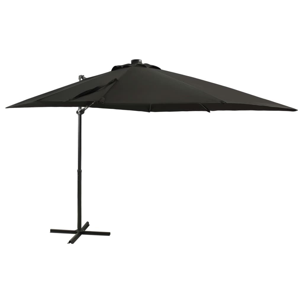 vidaXL Gembės formos skėtis su stulpu ir LED lemputėmis, juodas, 250cm