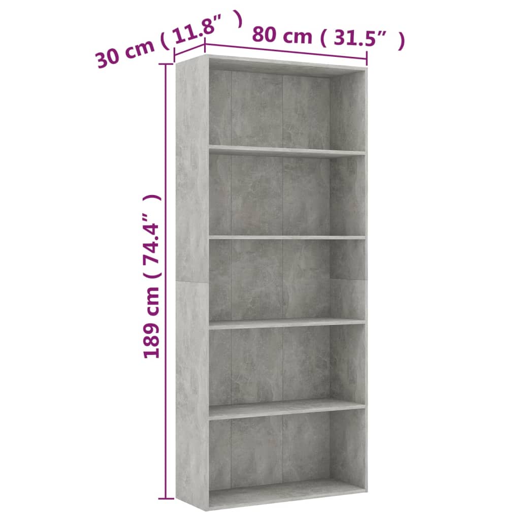 vidaXL Spintelė knygoms, 5 lentynos, betono pilka, 80x30x189cm, MDP