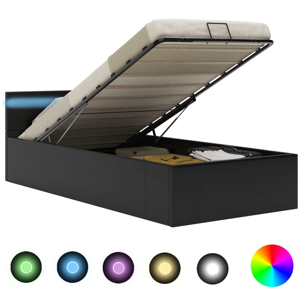 vidaXL Lovos rėmas su LED/daiktadėže, juodas, 100x200cm, dirbtinė oda