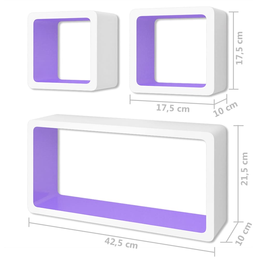 vidaXL Sieninės lentynos, 6vnt., baltos ir violetinės sp., kubo formos
