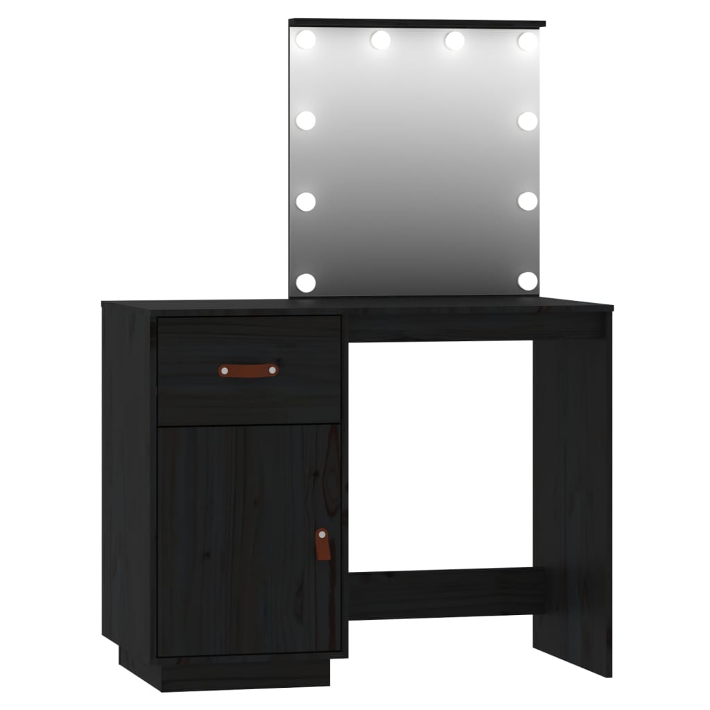 vidaXL Kosmetinio staliuko su LED komplektas, juodas, pušies masyvas