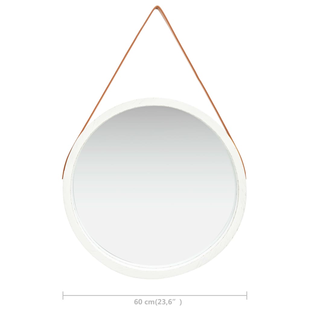 vidaXL Sieninis veidrodis su dirželiu, baltos spalvos, 60cm