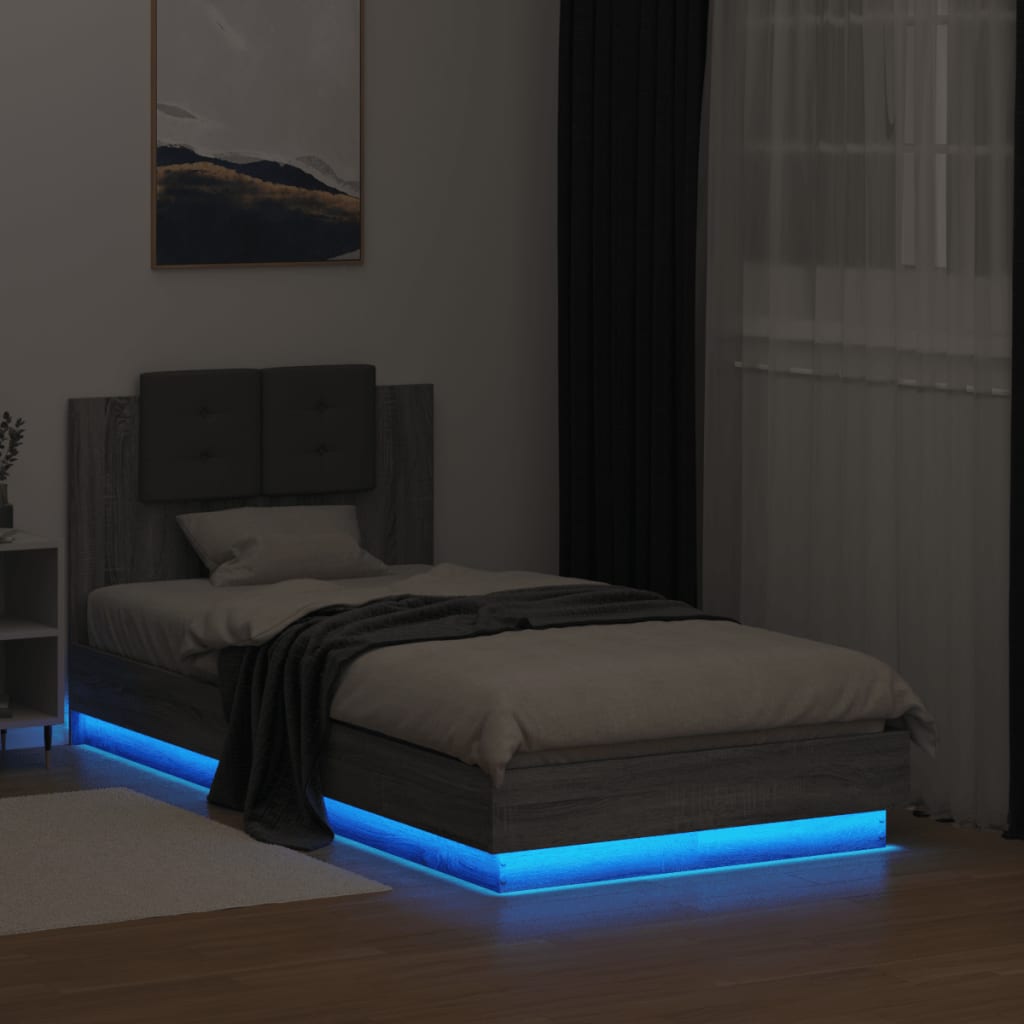 vidaXL Lovos rėmas su galvūgaliu ir LED lemputėmis, pilkas, 90x190cm