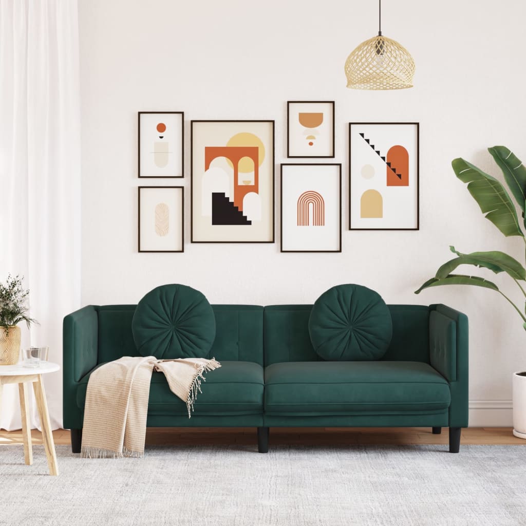 vidaXL Trivietė sofa su pagalvėlėmis, tamsiai žalios spalvos, aksomas