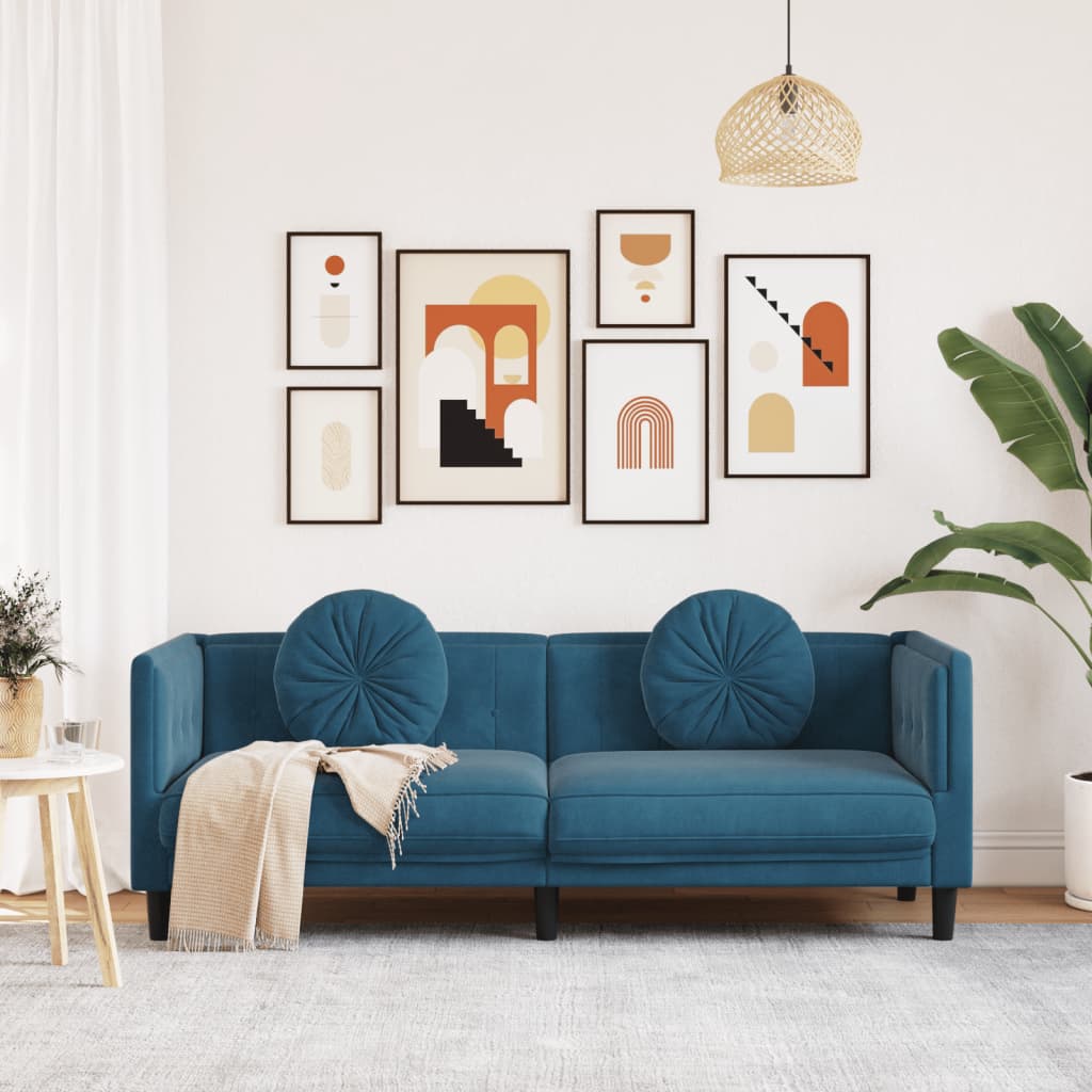 vidaXL Trivietė sofa su pagalvėlėmis, mėlynos spalvos, aksomas