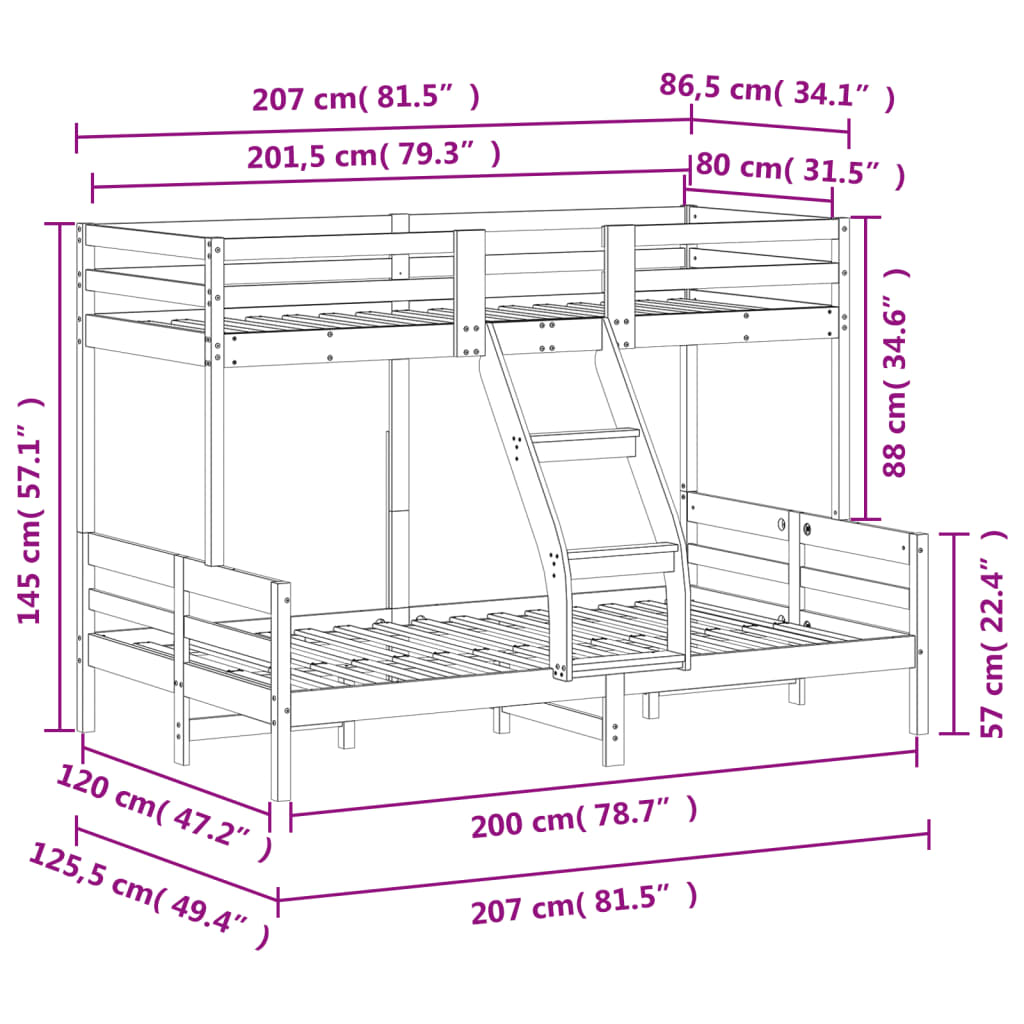 vidaXL Dviaukštė lova, 80x200/120x200cm, pušies medienos masyvas