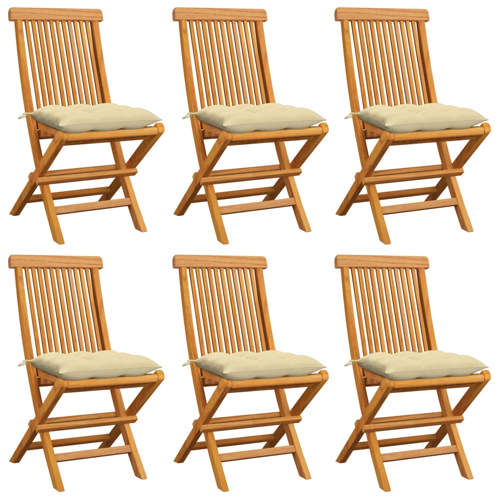 vidaXL Sodo kėdės su pagalvėlėmis, 6vnt., kreminė balta, tikmedžio masyvas