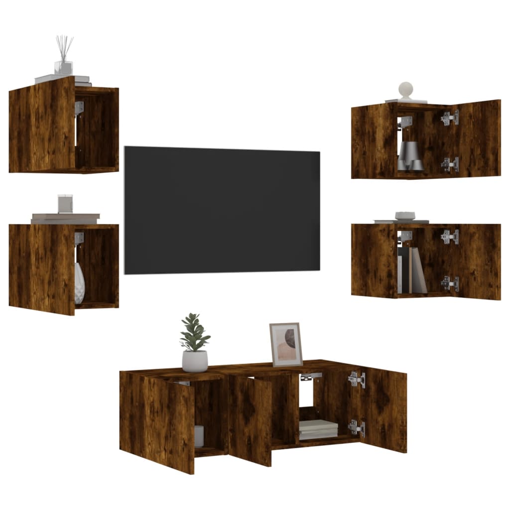 vidaXL Sieninė TV sekcija su LED, 6 dalių, dūminio ąžuolo, mediena