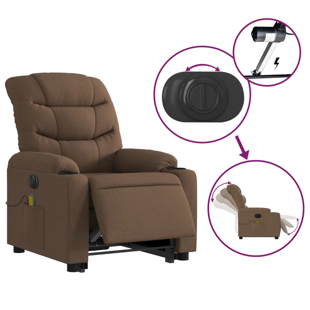 vidaXL Atsistojantis elektrinis masažinis krėslas, rudas, audinys