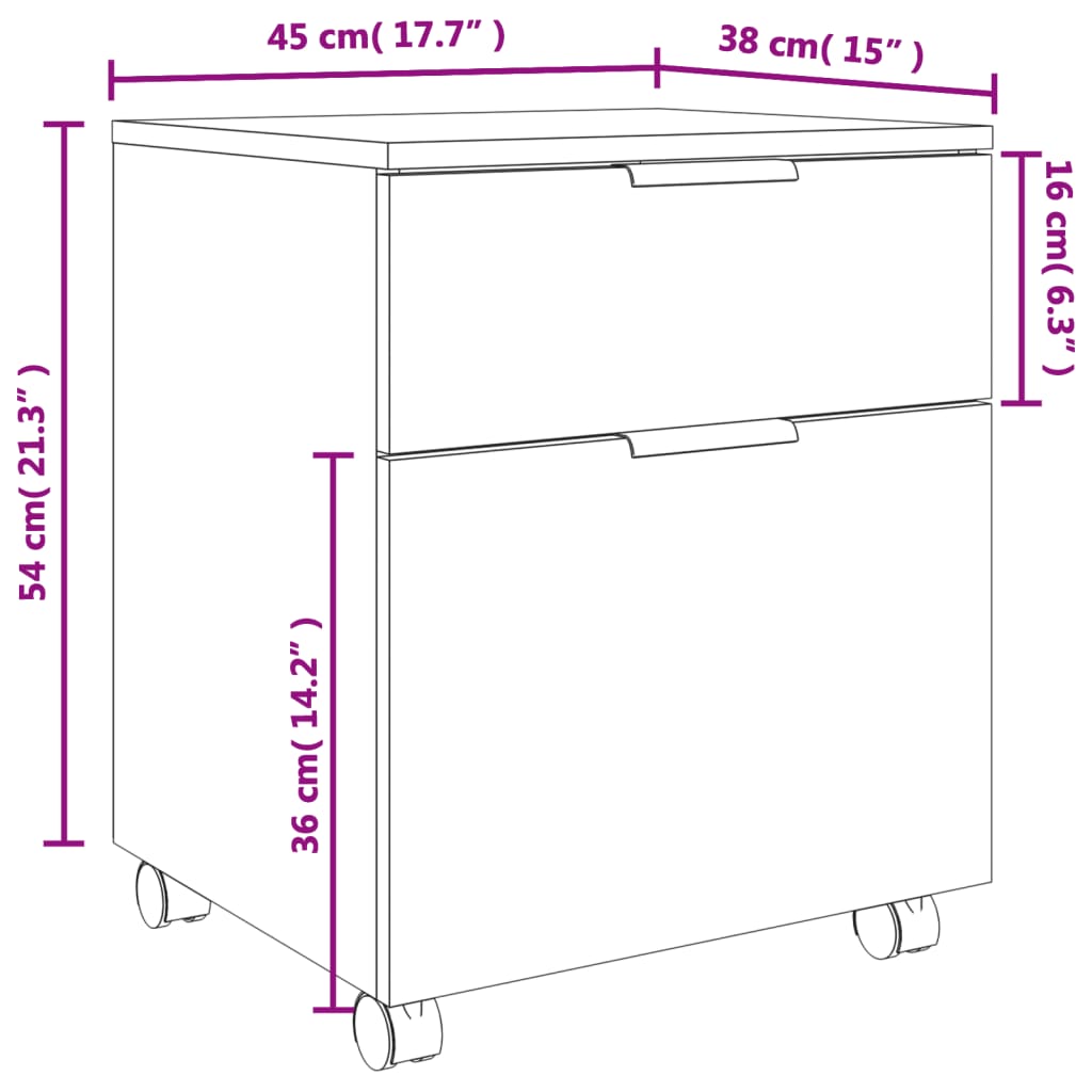 vidaXL Dokumentų spintelė su ratukais, balta, 45x38x54cm, mediena