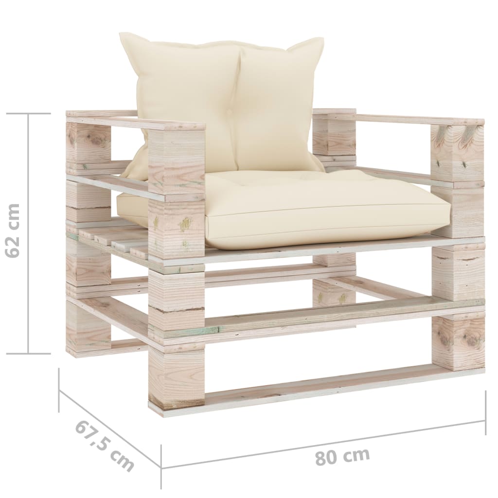 vidaXL Sodo sofa iš palečių su kreminėmis pagalvėlėmis, pušies mediena