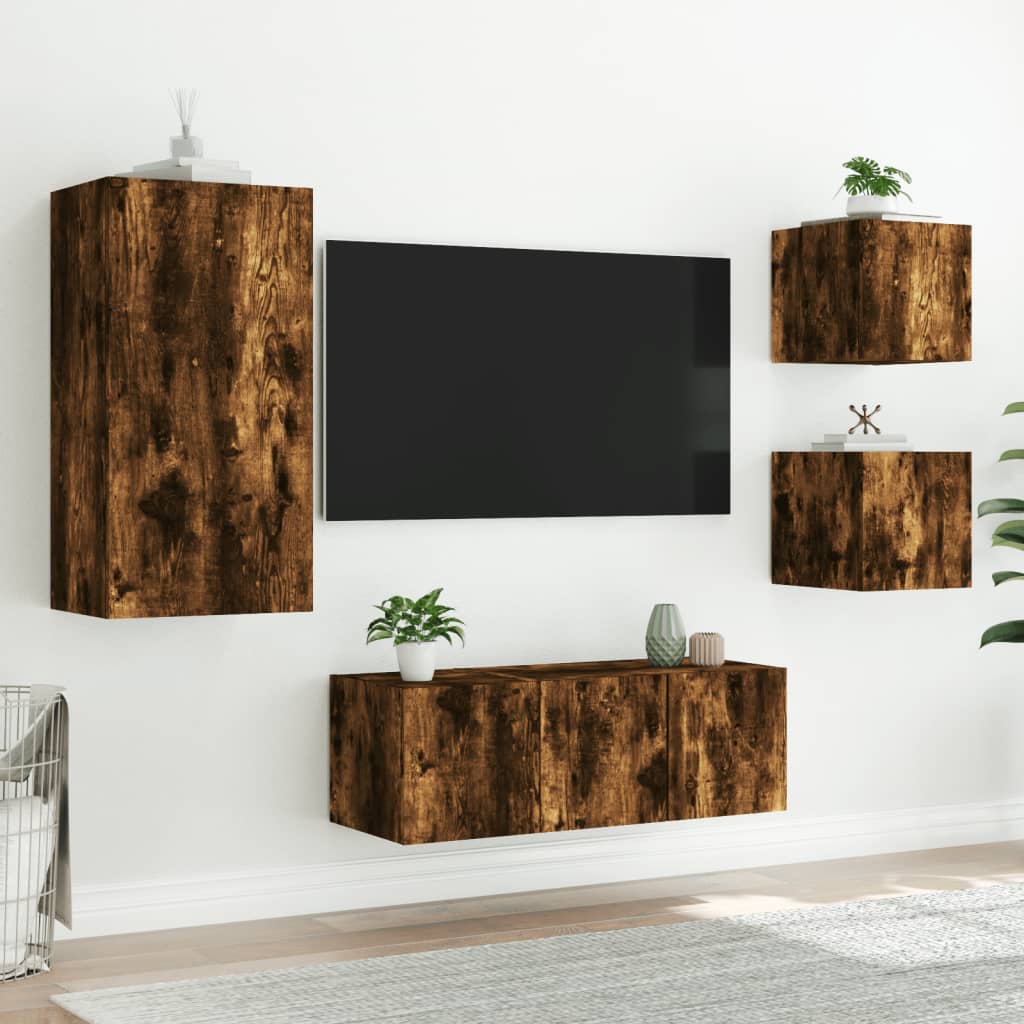 vidaXL Sieninė TV sekcija su LED, 5 dalių, dūminio ąžuolo, mediena