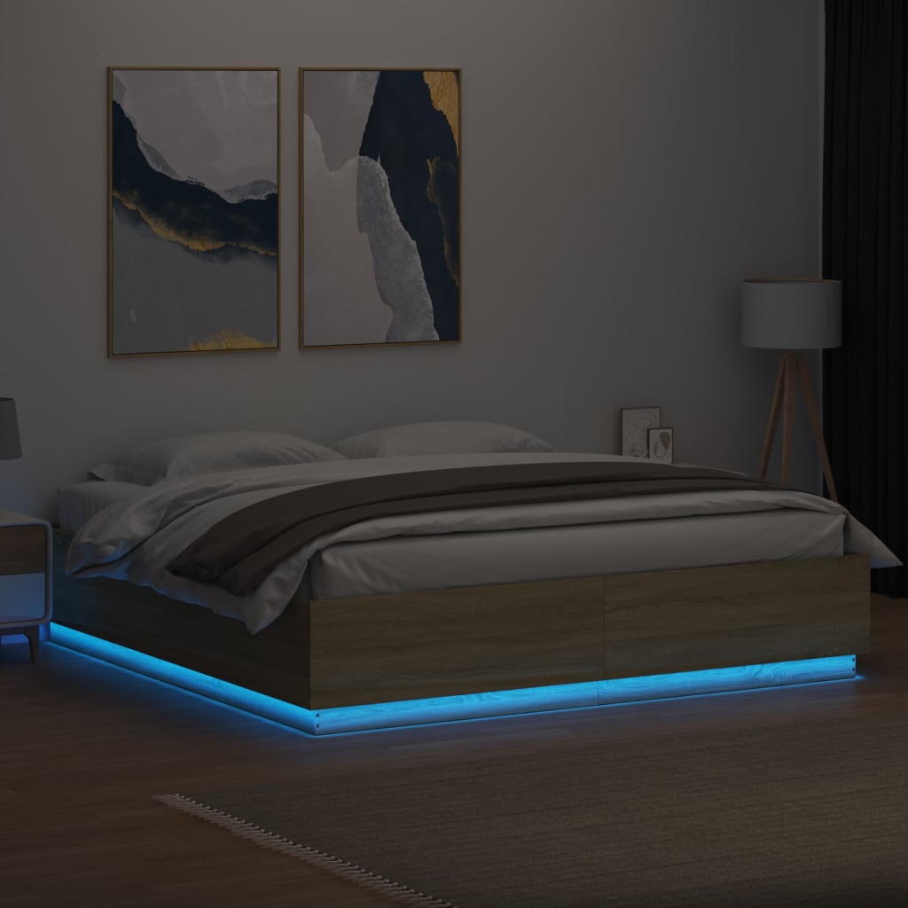 vidaXL Lovos rėmas su LED, ąžuolo, 180x200cm, apdirbta mediena