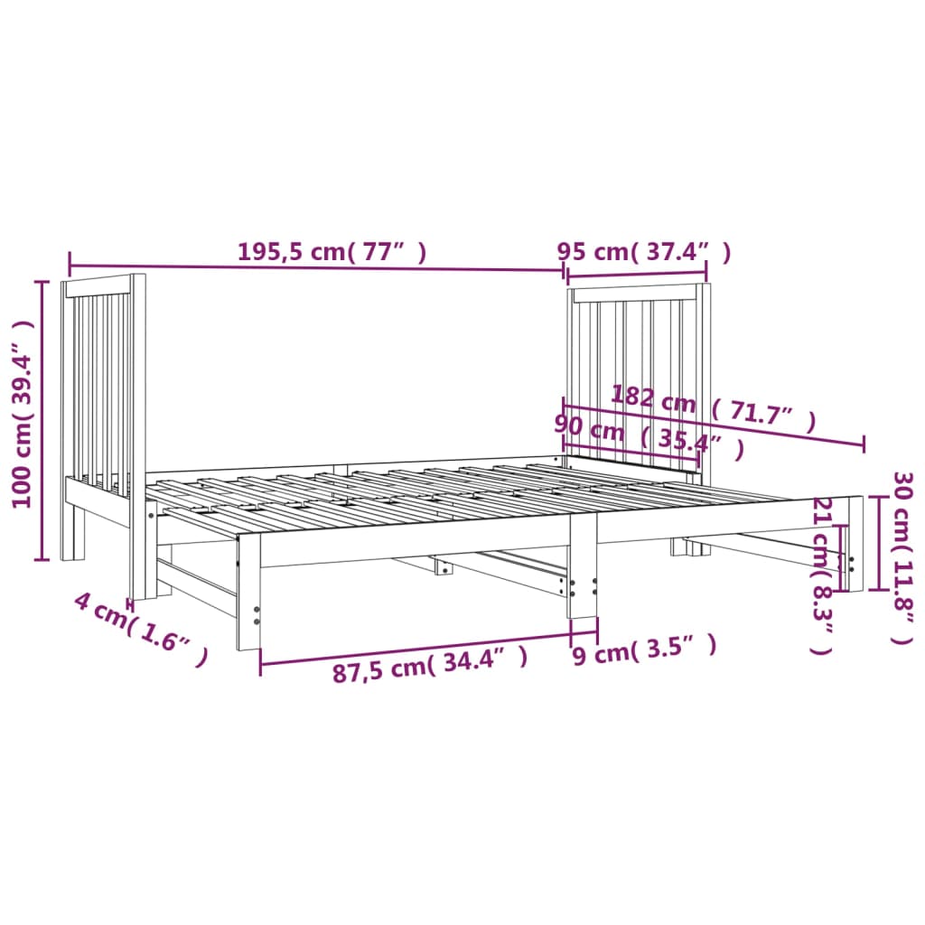 vidaXL Ištraukiama lova, pilka, 2x(90x190)cm, pušies medienos masyvas