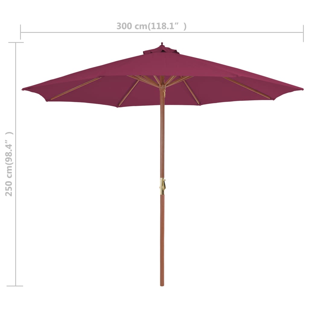 vidaXL Lauko skėtis su mediniu stulpu, 300 cm, raudono vyno spalvos