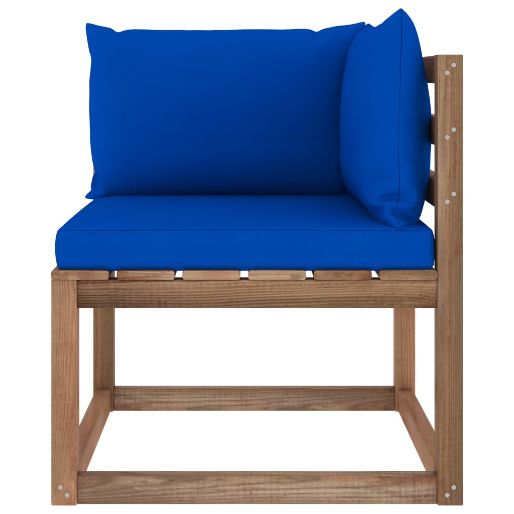 vidaXL Kampinė sodo sofa iš palečių su mėlynomis pagalvėlėmis