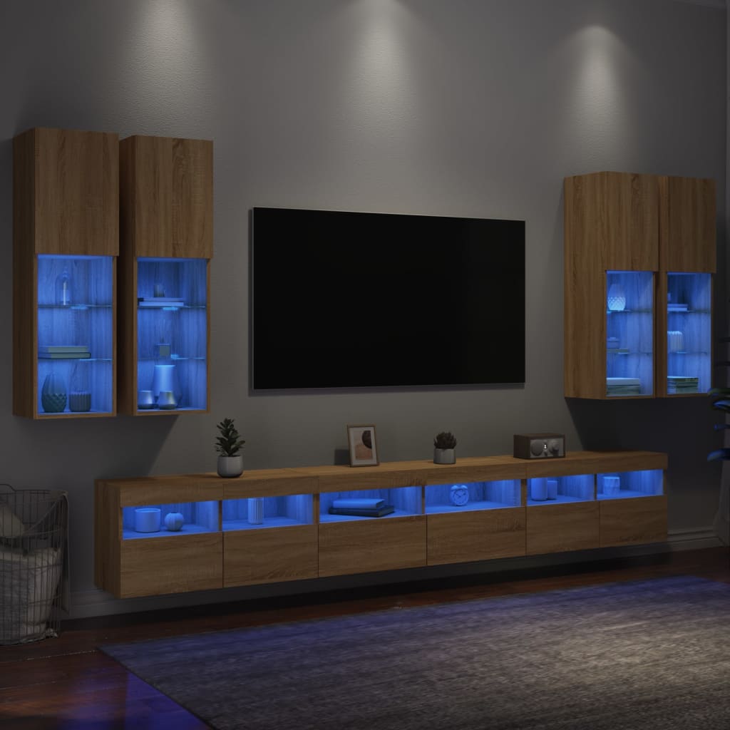 vidaXL Sieninės TV spintelės su LED lemputėmis, 7vnt., ąžuolo spalvos