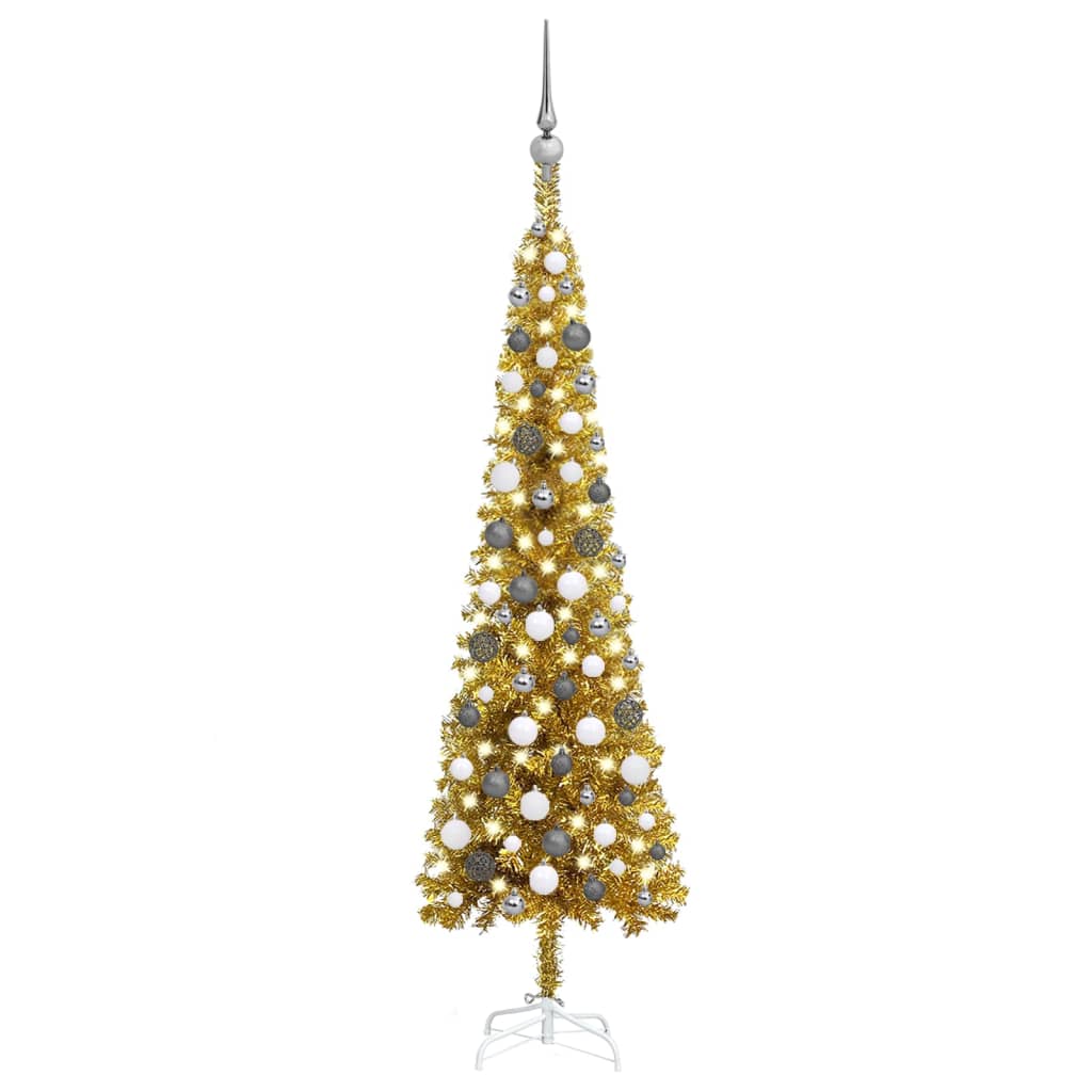 vidaXL Plona apšviesta Kalėdų eglutė su žaisliukais, auksinė, 150cm
