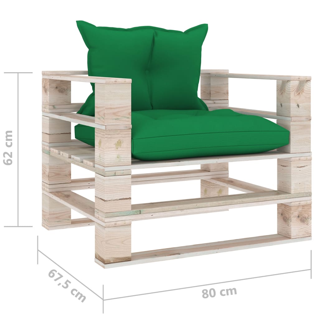vidaXL Sodo sofa iš palečių su žaliomis pagalvėlėmis, pušies mediena