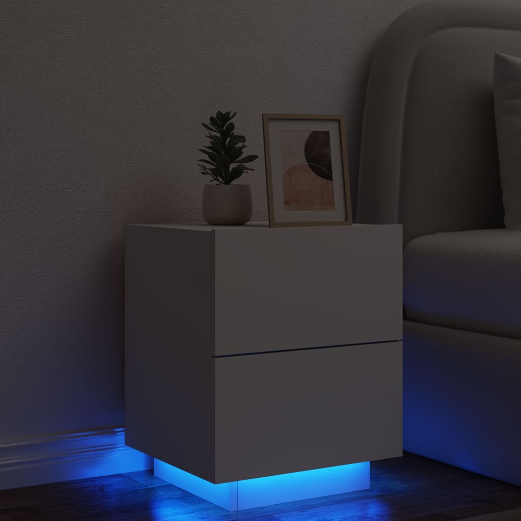 vidaXL Naktinė spintelė su LED lemputėmis, balta, apdirbta mediena