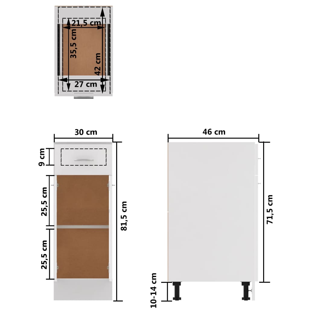 vidaXL Apatinė spintelė su stalčiumi, balta, 30x46x81,5cm, MDP