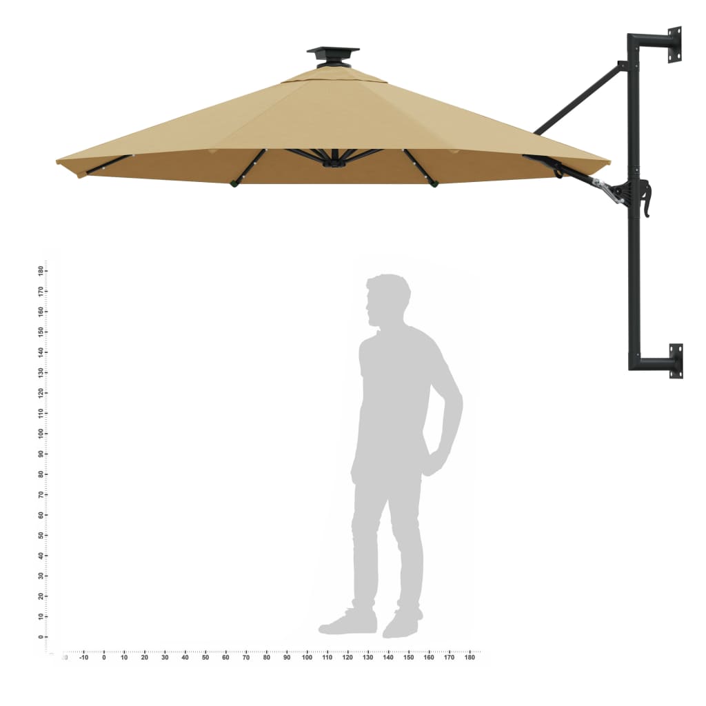 vidaXL Prie sienos montuojamas skėtis su LED/stulpu, taupe, 300cm