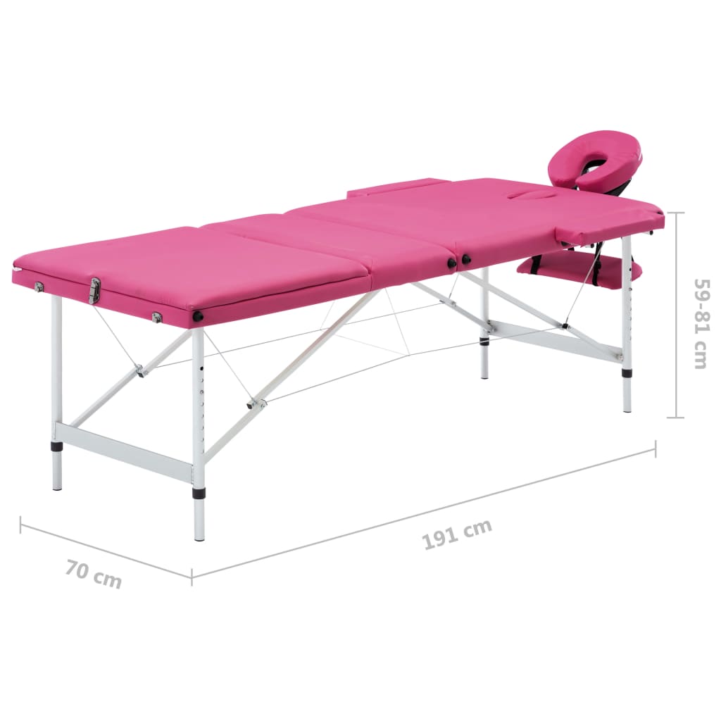 vidaXL Sulankstomas masažo stalas, rožinės spalvos, aliuminis, 3 zonų