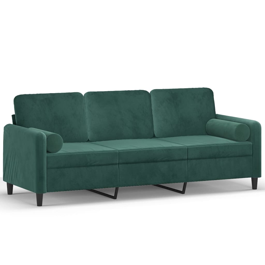 vidaXL Trivietė sofa su pagalvėlėmis, tamsiai žalia, 180cm, aksomas