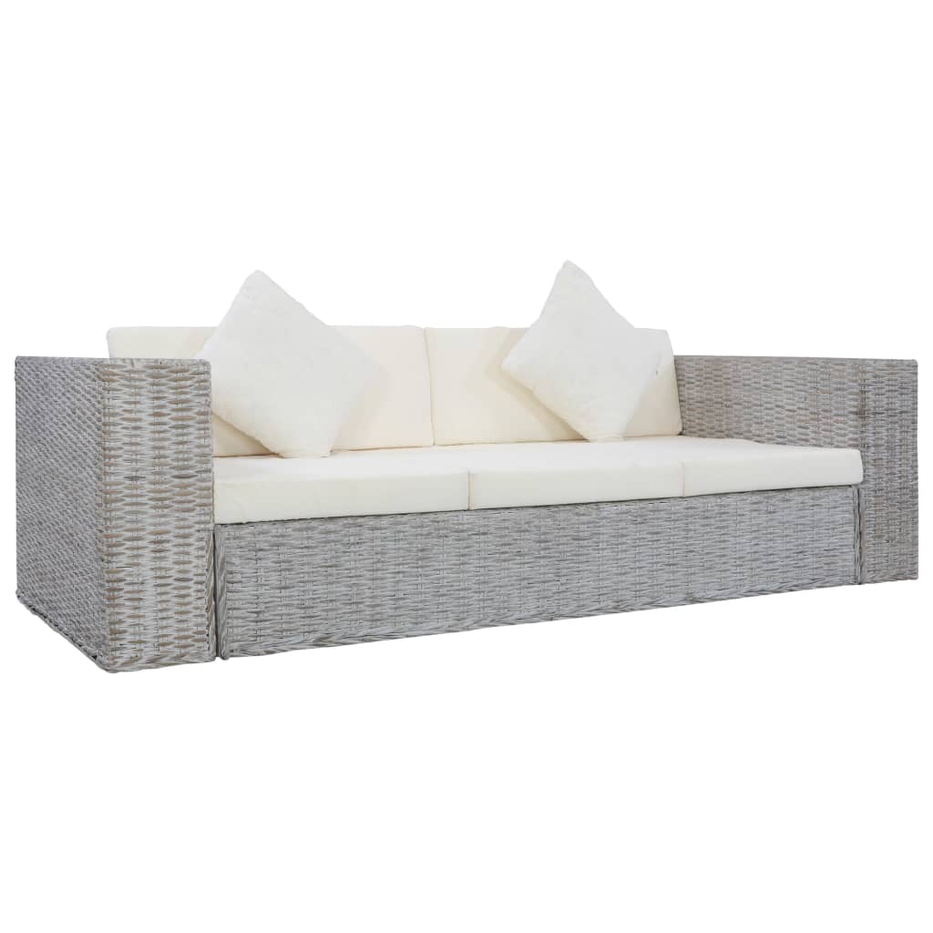 vidaXL Trivietė sofa su pagalvėlėmis, pilkos spalvos, natūr. ratanas