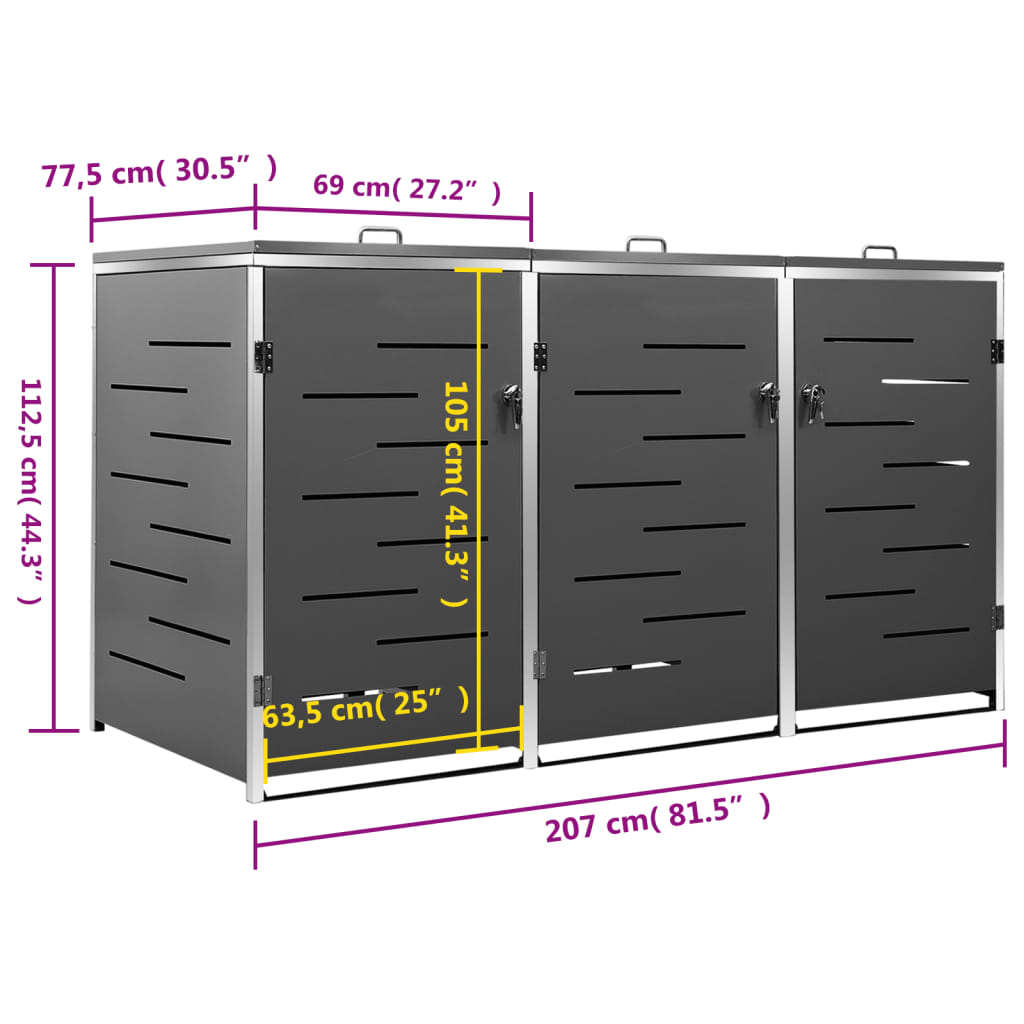 vidaXL Trivietė konteinerių pastogė, 207x77,5x112,5 cm, plienas