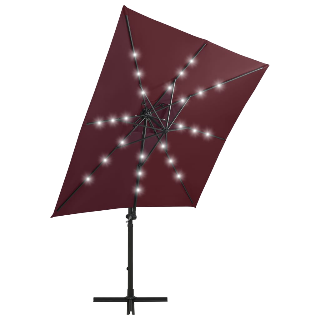 vidaXL Gembinis skėtis su stulpu ir LED lemputėmis, raudonas, 250cm