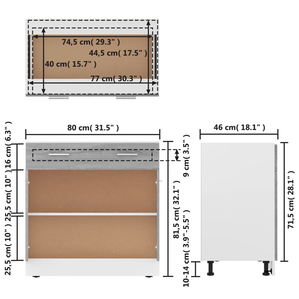 vidaXL Apatinė spintelė su stalčiumi, pilka, 80x46x81,5cm, mediena