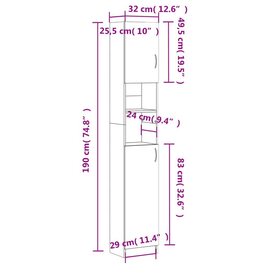 vidaXL Vonios spintelė, balta, 32x25,5x190cm, apdirbta mediena