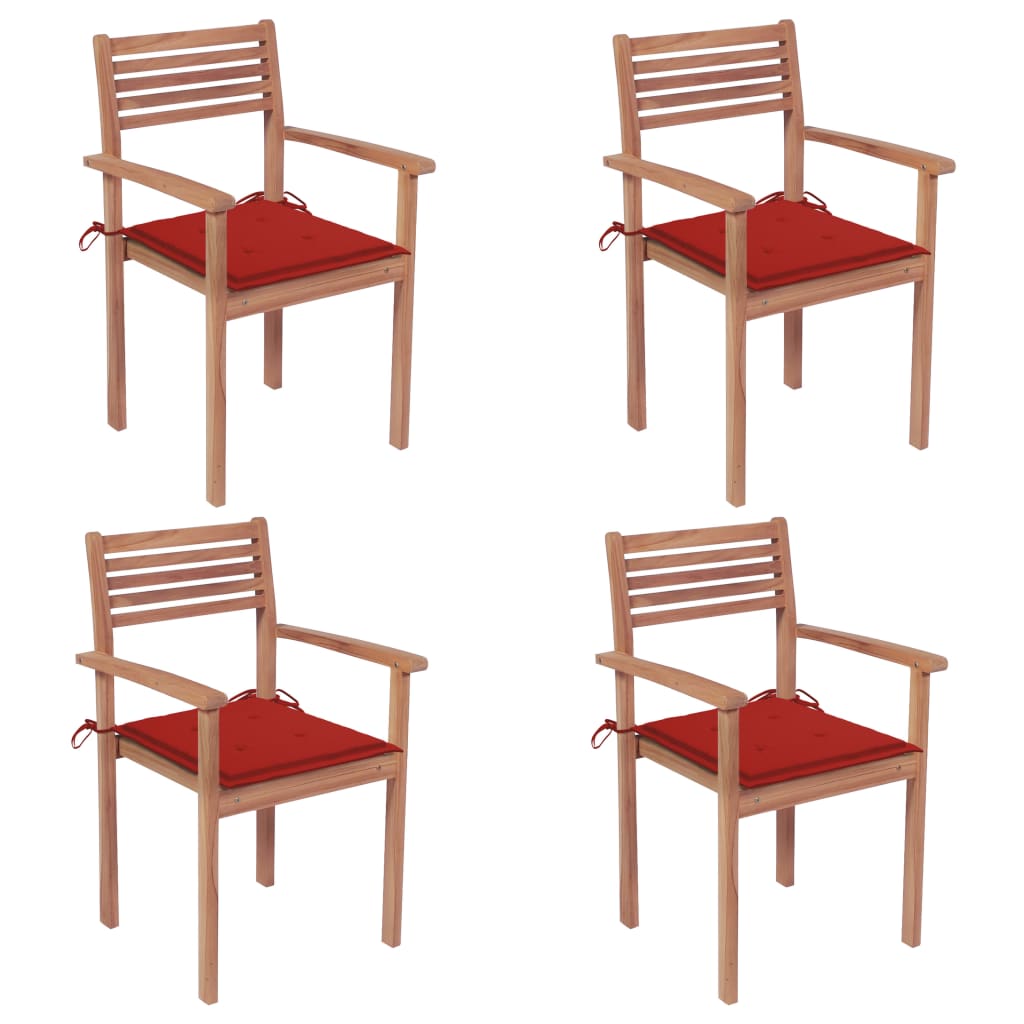 vidaXL Sodo kėdės su raudonomis pagalvėlėmis, 4vnt., tikmedžio masyvas
