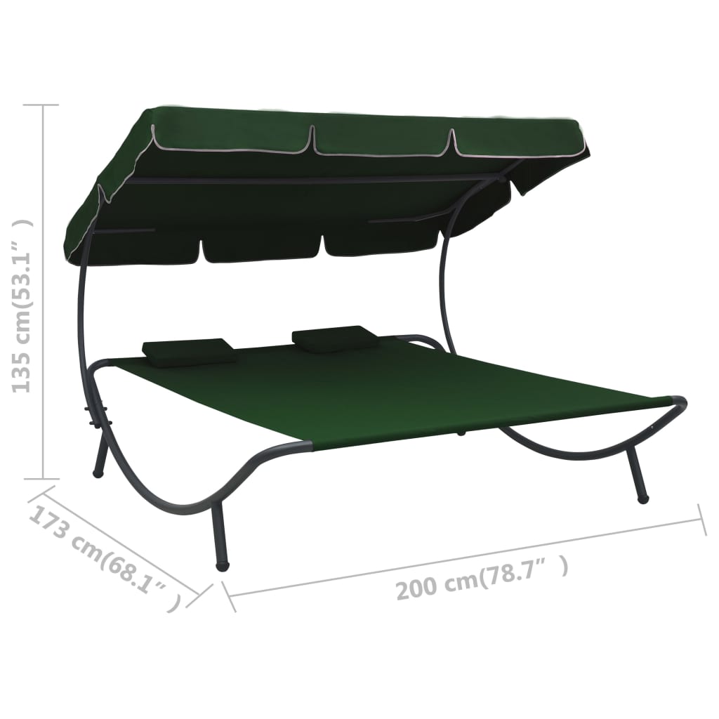 vidaXL Lauko poilsio gultas su stogeliu ir pagalvėmis, žalios spalvos