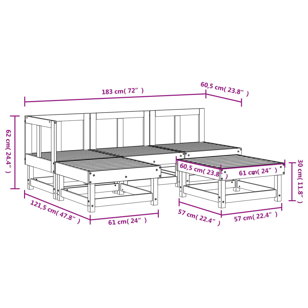 vidaXL Sodo poilsio baldų komplektas, 5 dalių, pilkas, pušies masyvas