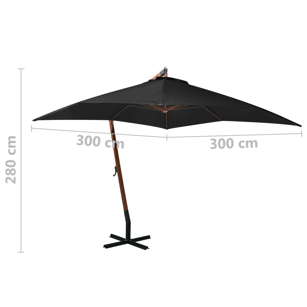 vidaXL Kabantis skėtis su stulpu, juodas, 3x3m, eglės masyvas