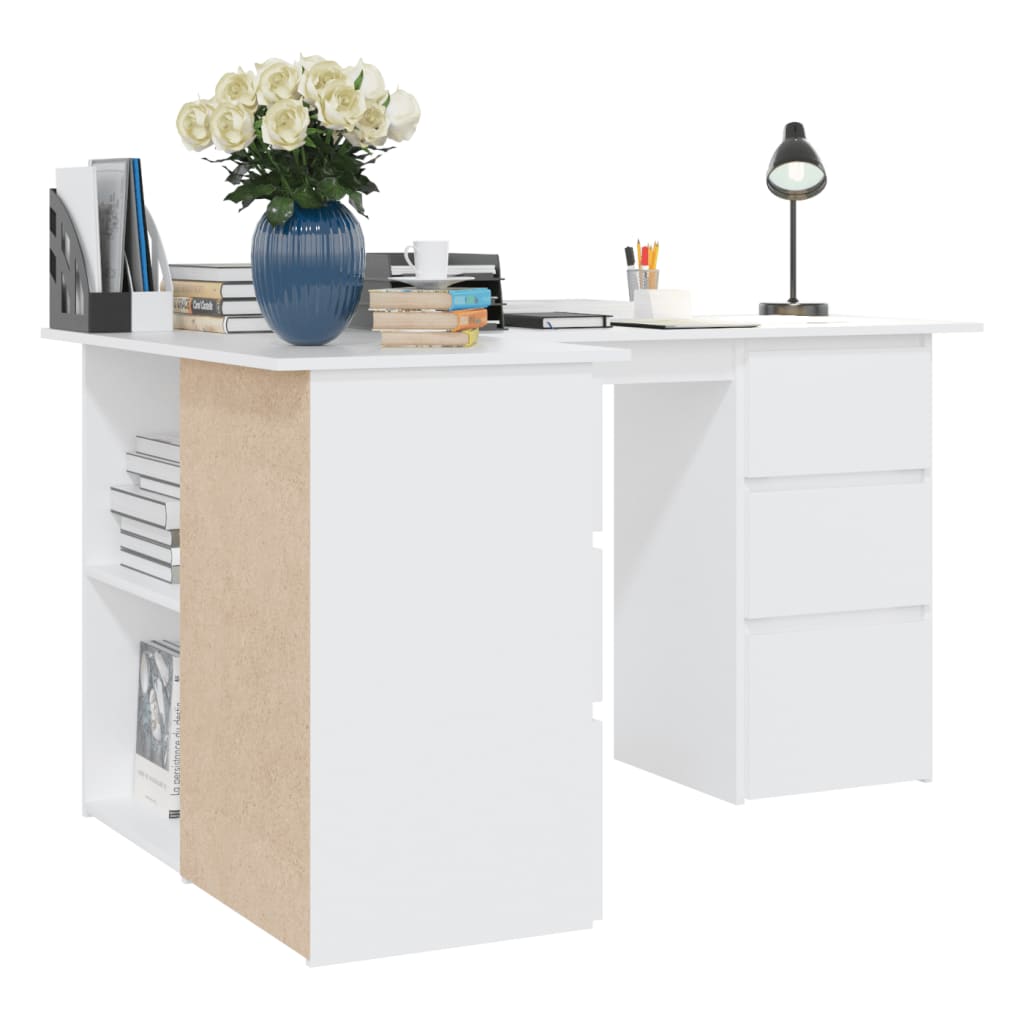 vidaXL Kampinis rašomasis stalas, baltos spalvos, 145x100x76cm, MDP