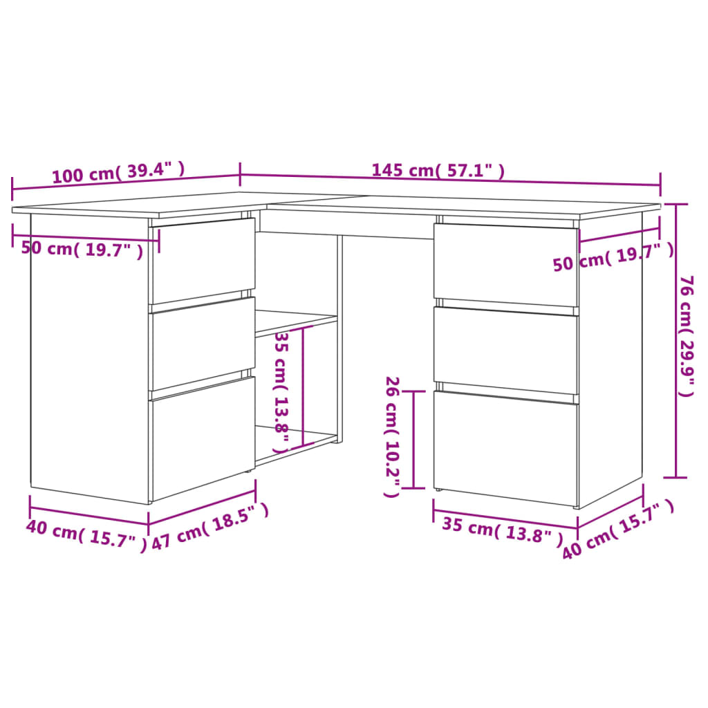 vidaXL Kampinis rašomasis stalas, pilkas, 145x100x76cm, MDP, blizgus