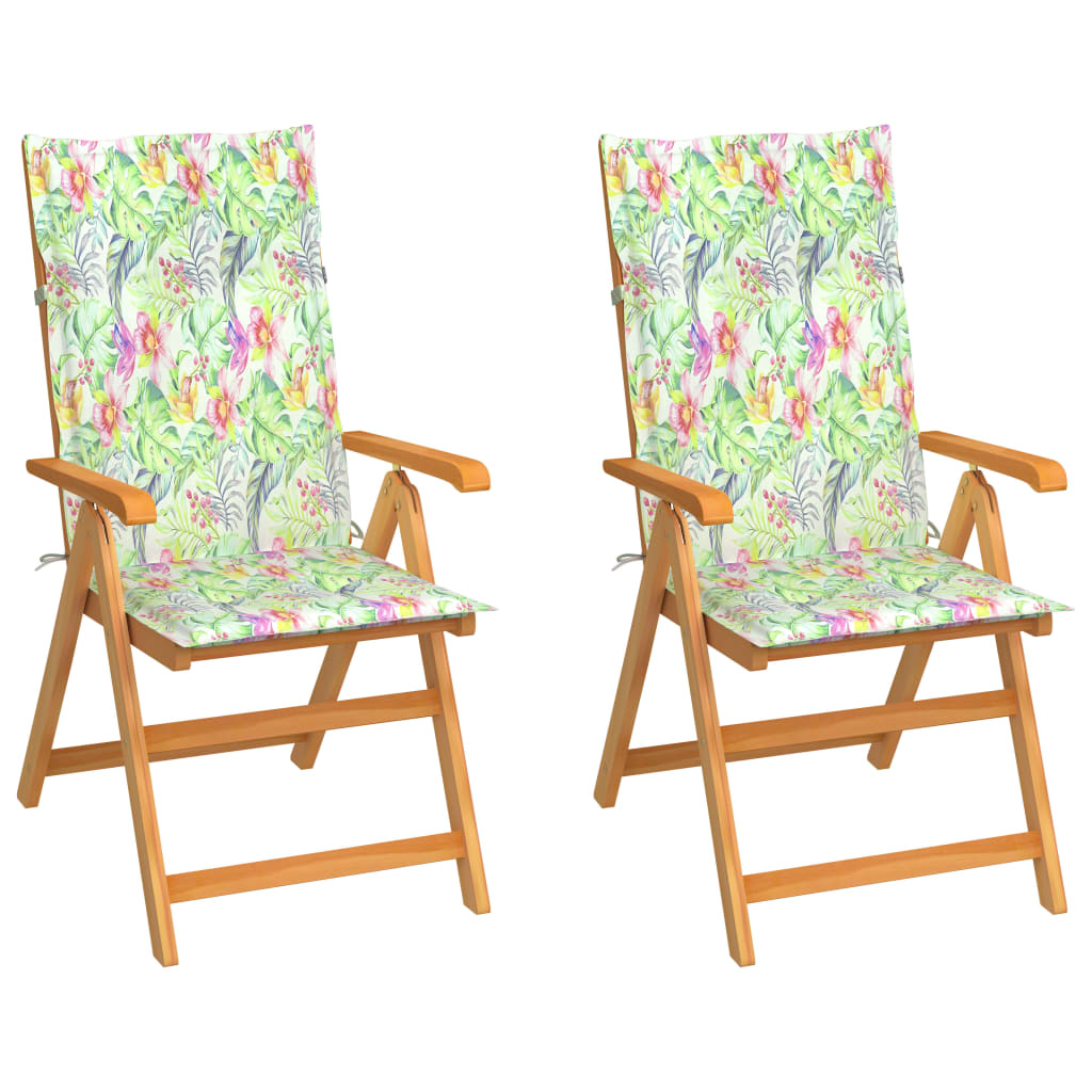 vidaXL Sodo kėdės su lapų raštų pagalvėlėmis, 2vnt., tikmedžio masyvas
