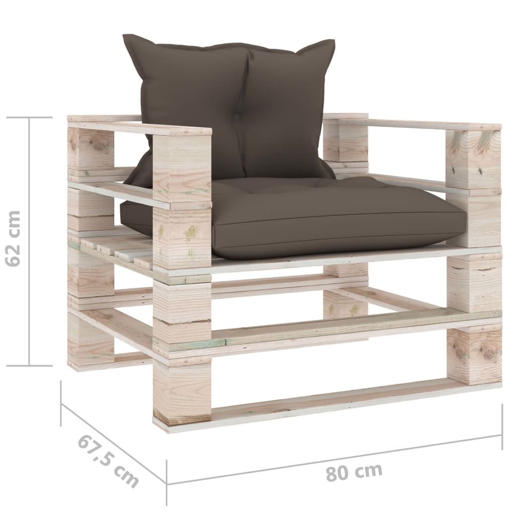 vidaXL Sodo sofa iš palečių su taupe pagalvėlėmis, pušies mediena