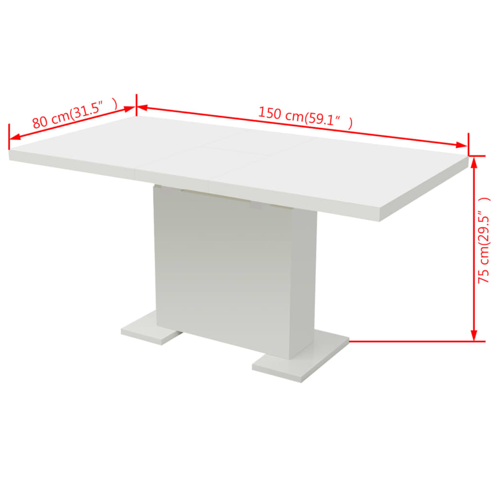 vidaXL Prailginamas valgomojo stalas, labai blizgus, baltas