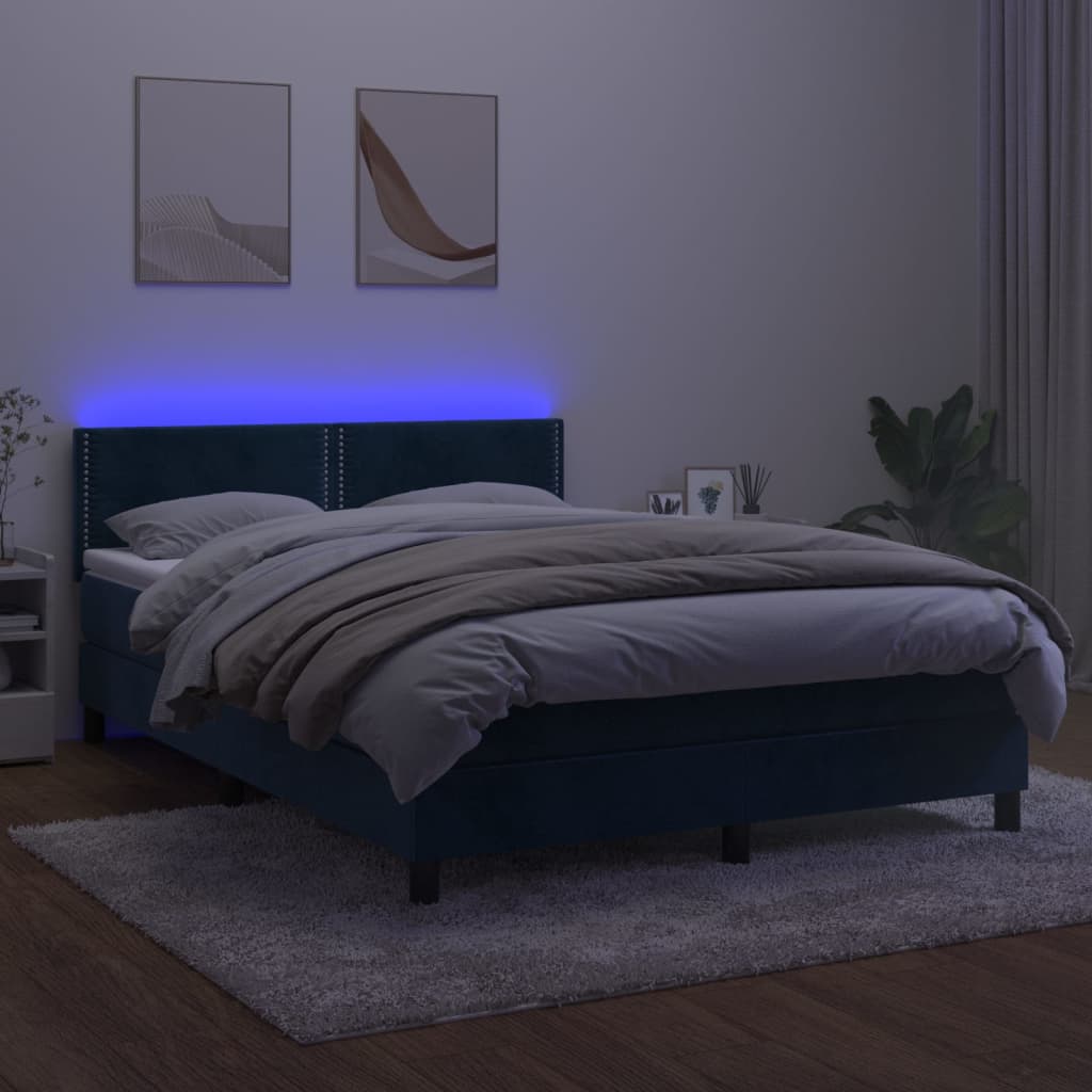 vidaXL Lova su spyruoklėmis/čiužiniu/LED, mėlyna, 140x200cm, aksomas